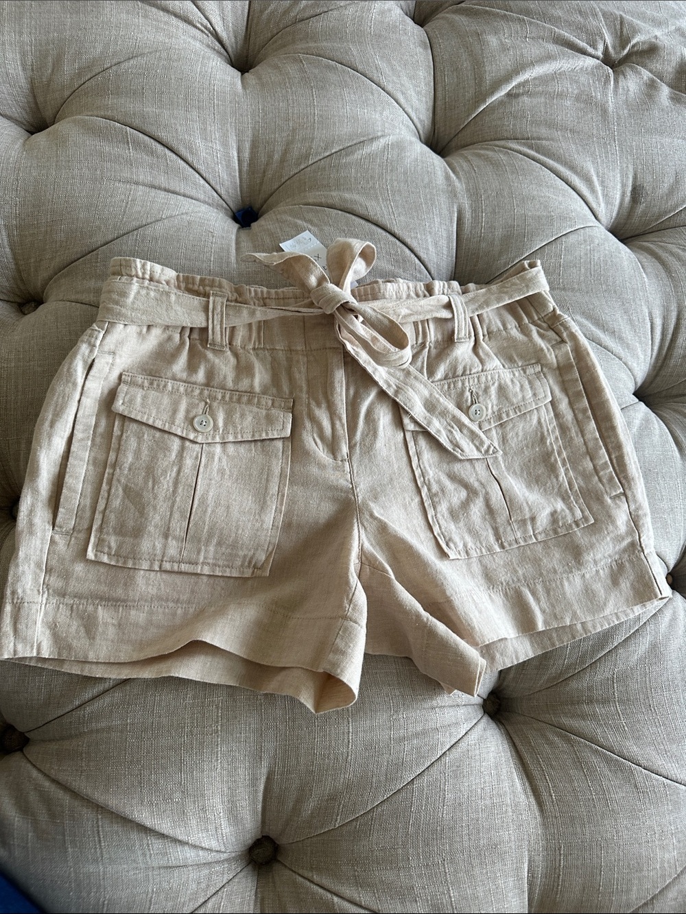 LOFT Light Beige Tie-Waist Linen-Blend Utility Shorts